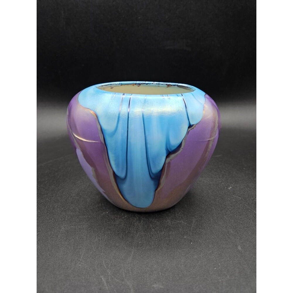 Vintage Blue & Purple Glossy Drip Luster Vase With Platinum Overlay Signed 80s